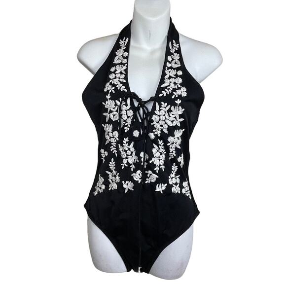 Amita Naithani Swim One Piece Halter Top Black Embroidered Size‎ M - Picture 3 of 9